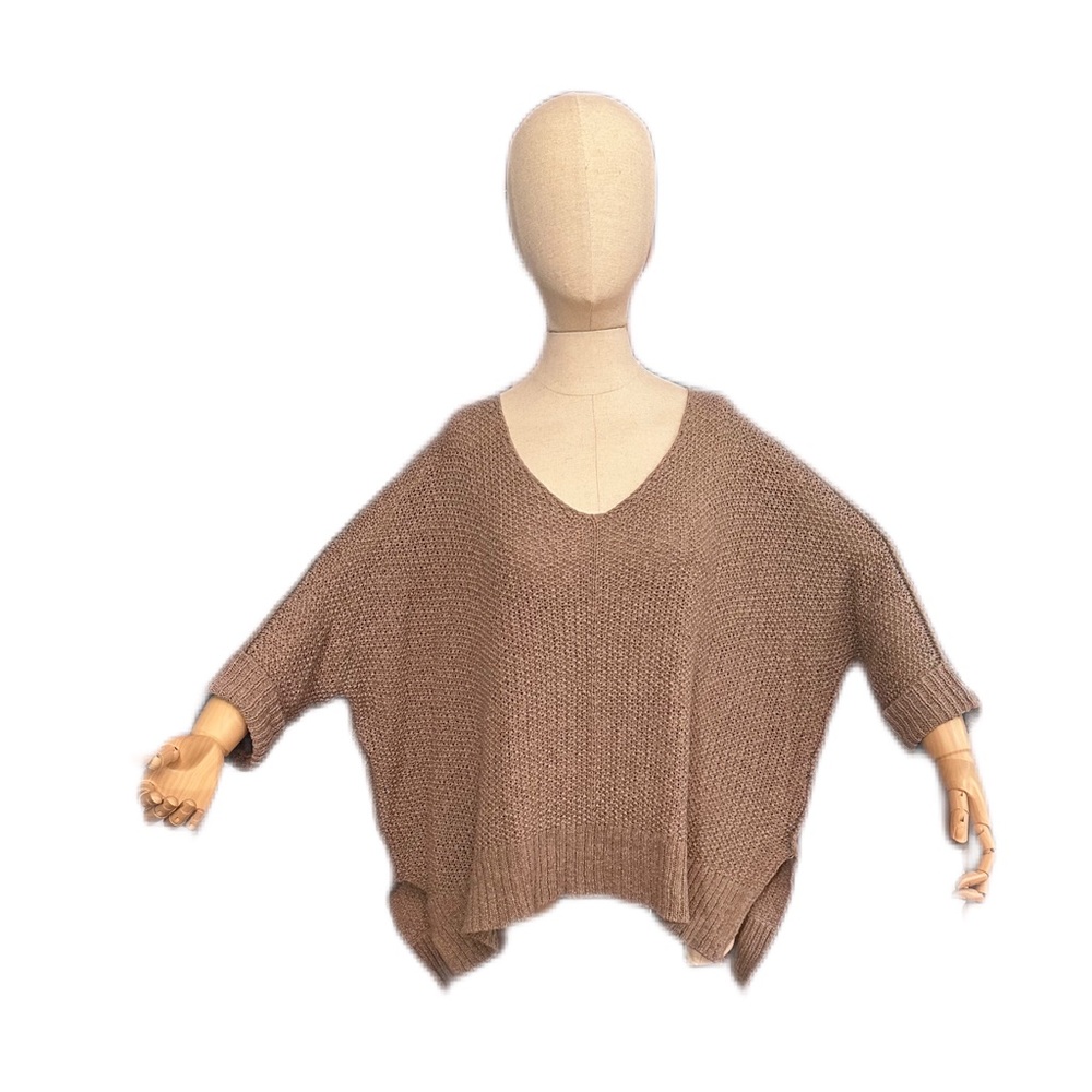 Lightly used, slouchy taupe sweater, v-neck, 3/4 cuff sleeve -one size fits most